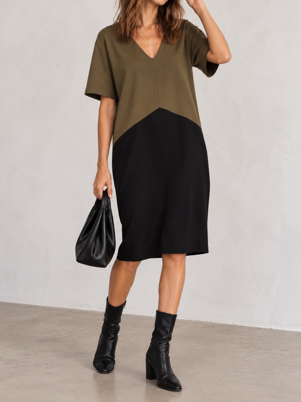 Zara Oversized Midi Shirt Dress Black Olive Green Short Sleeve Loose Fit Small